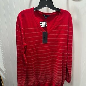 SOLD. Tommy Hilfiger Red with Gold Stripes V-Neck Sweater